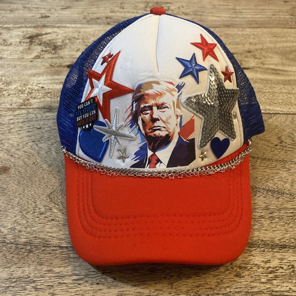 TRUMP HAT RED, WHITE AND BLUE TRUCKER HAT, CUSTOM-MADE, UNISEX, PATRIOTIC, USA